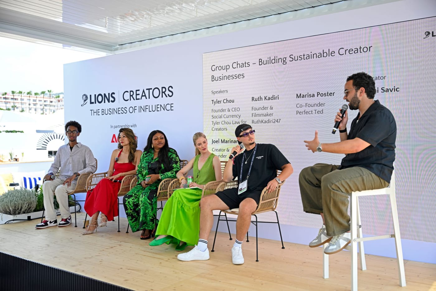 Tyler Chou seated with the panel at the LIONS Creators stage during Cannes Lions 2026.